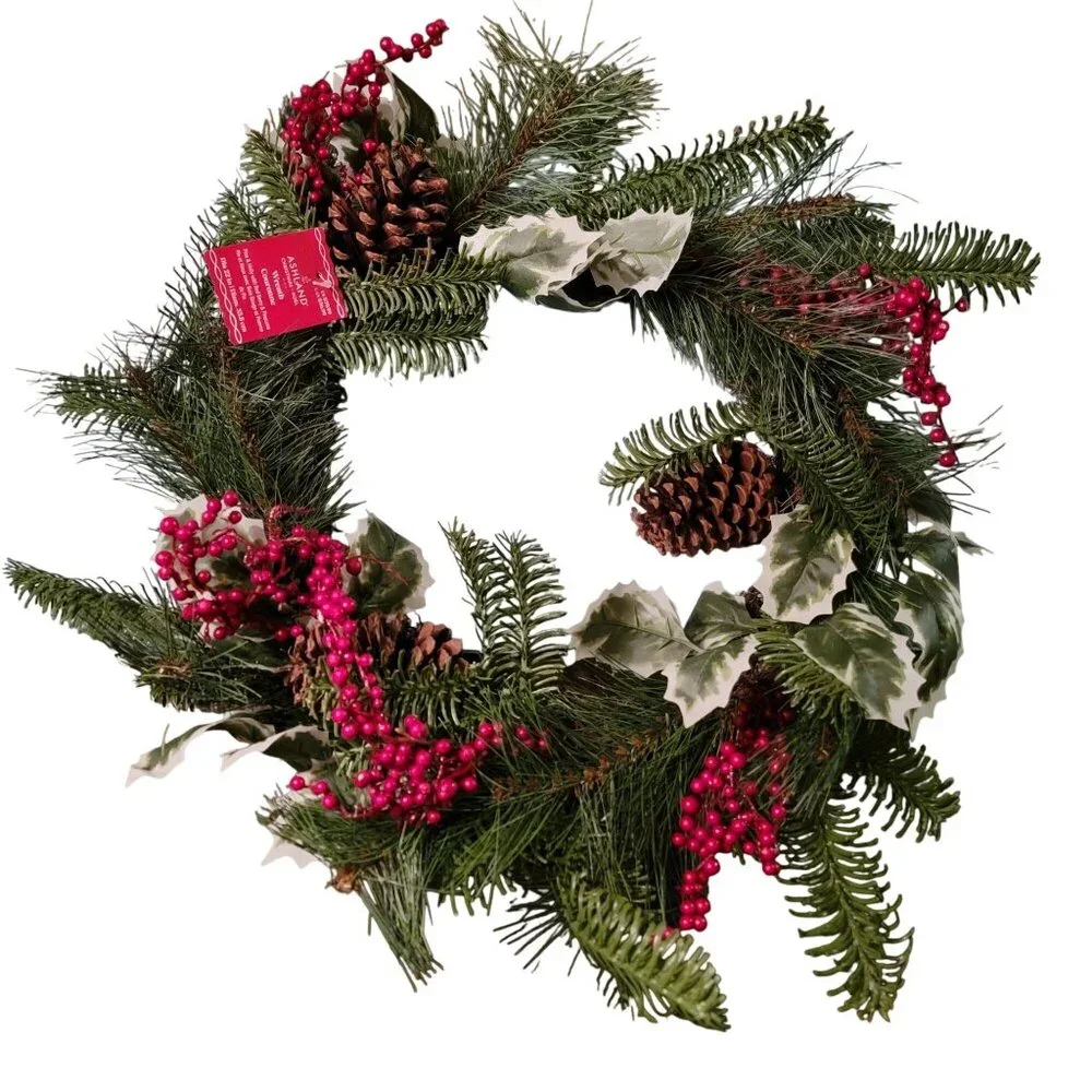 Ashland Christmas Pine & Holly Wreath With Red Berries & Pinecones 22